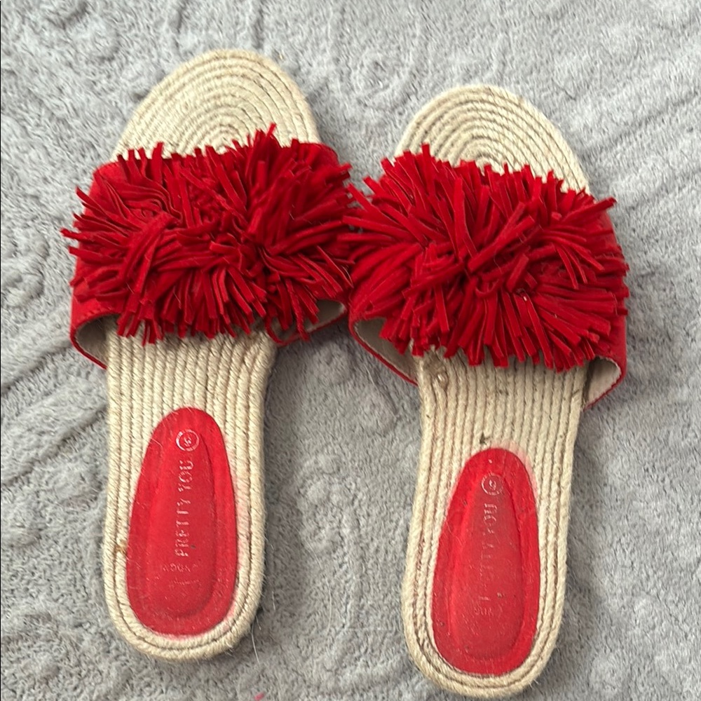 Pretty You Red Fringe Slide Sandals